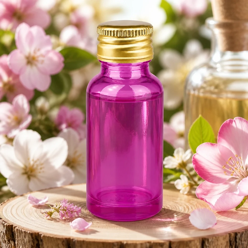 20ml botella 11mm tapón de rosca aluminio oro estándar PurpleLine. UT18/20 Elegante frasco de vidrio violeta de 20 ml con rosca estándar de 11 mm y tapón dorado