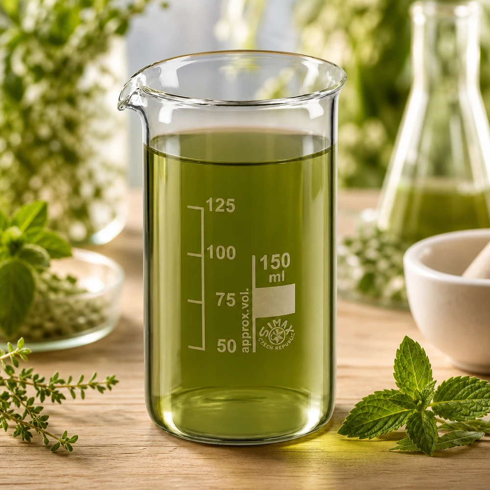 Vaso de precipitados de 150 ml, de forma alta, con un líquido verde a base de hierbas, rodeado de hierbas medicinales frescas
