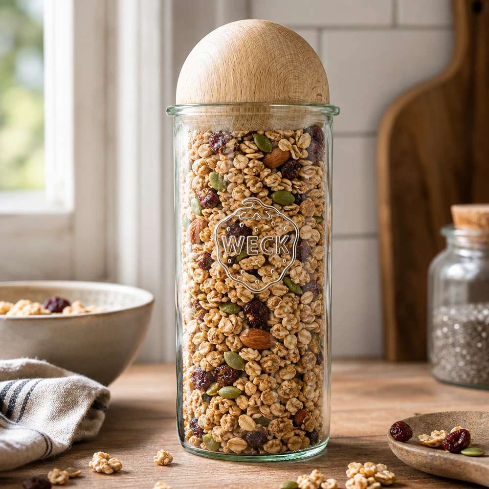 Vasos de 1500ml WECK RR100 con bola de madera de haya Tarro de almacenaje WECK de 1500ml lleno de muesli y frutos secos, tapa esférica de madera de haya, ambiente de cocina con bol