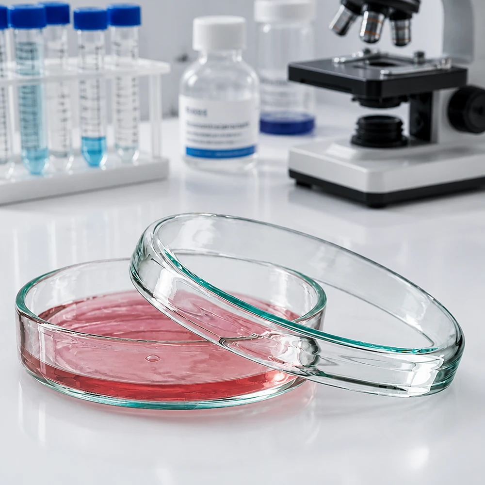 Placa Petri 70x15mm de vidrio Placa de Petri de cristal de 70 x 15 mm con medio de cultivo rojo y la tapa retirada en el laboratorio de microbiología