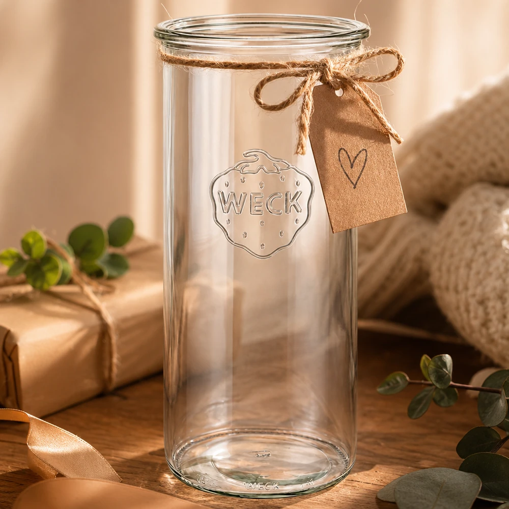 Vasos WECK 1500ml RR100 con colgante de corazón y lazo sobre una mesa de madera decorada con plantas verdes