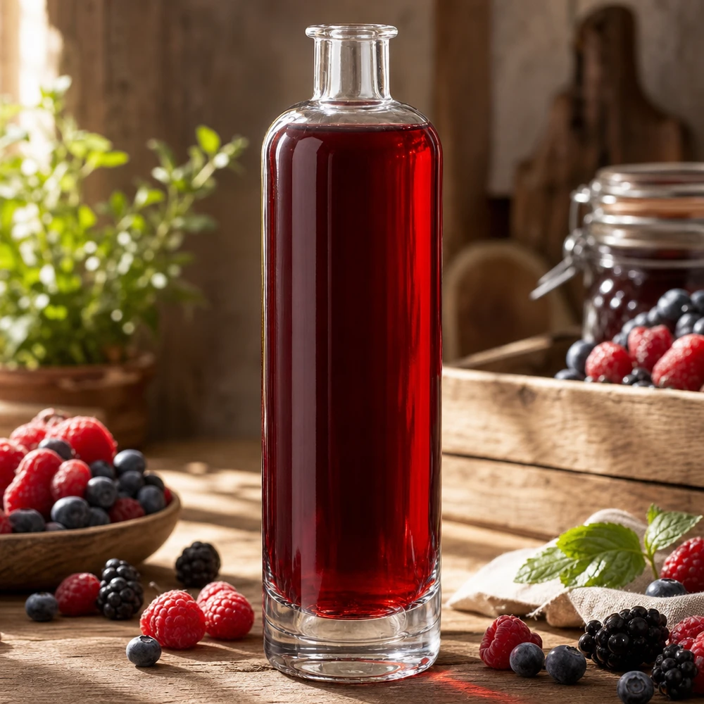 Botella de cristal de 500 ml de Ella UNiTWIST llena de zumo de frutos rojos rodeada de frambuesas y arándanos frescos