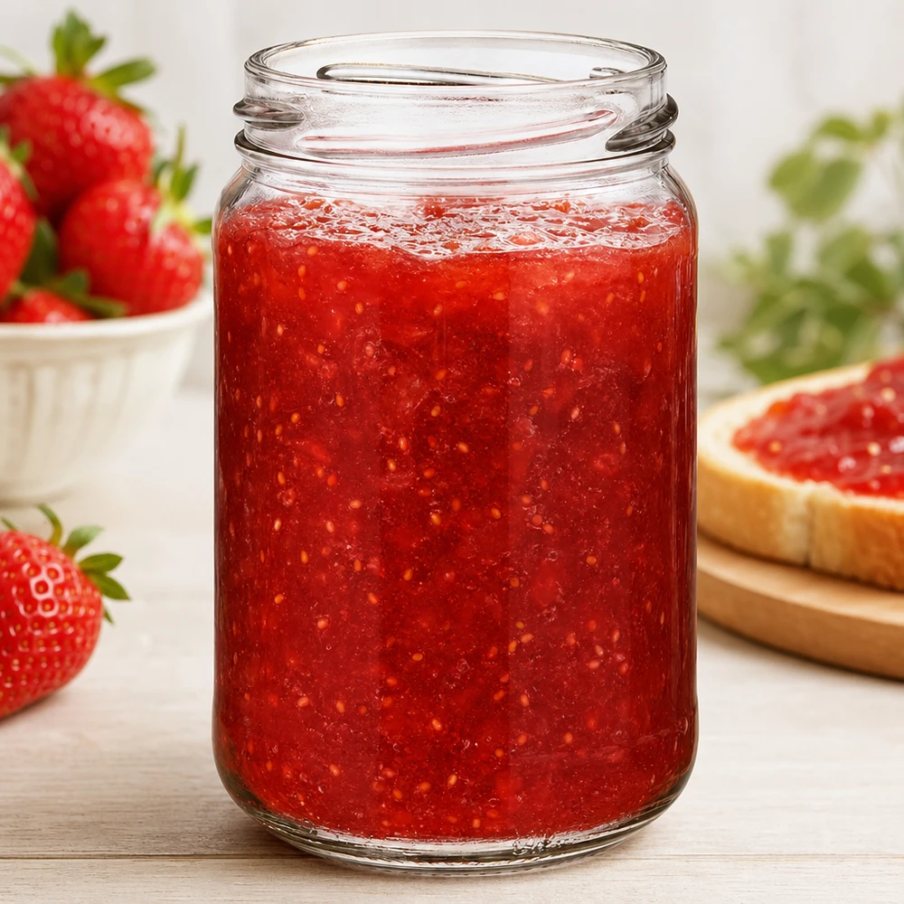 Tarro de cristal redondo de 305ml sin tapa (TO63) UNiTWIST UNiTWIST Runda305 tarro redondo 305ml TO63 relleno de mermelada de fresa roja, tarro de conserva para mermeladas y cremas para untar