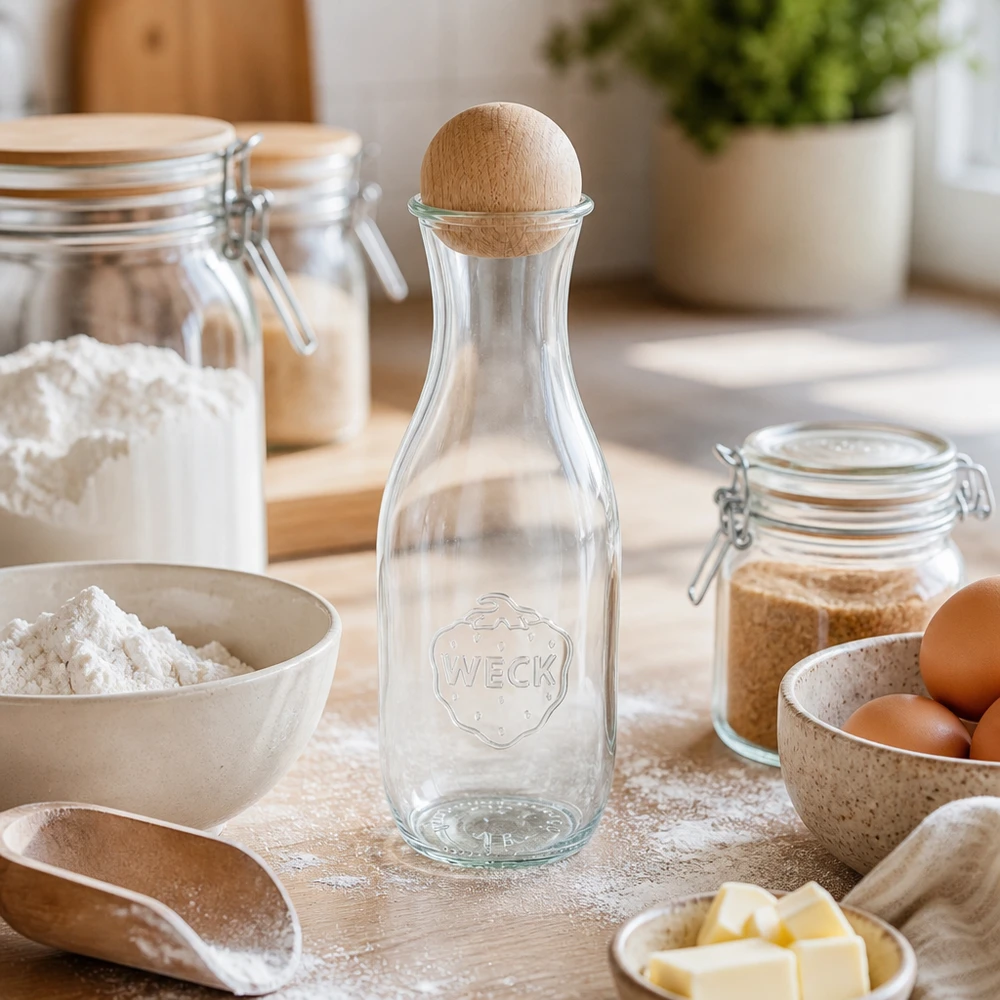 1062ml botella de zumo WECK RR60 con bola de madera de haya Botella de zumo WECK 1062ml RR60 con bola de madera en cocina de repostería entre harina, huevos, mantequilla y tarros de conserva sobre tabla de madera