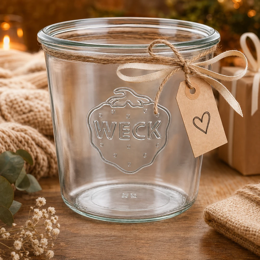 Vasos de cristal RR100 WECK de 580 ml con relieve y cinta decorativa de regalo sobre una mesa de madera