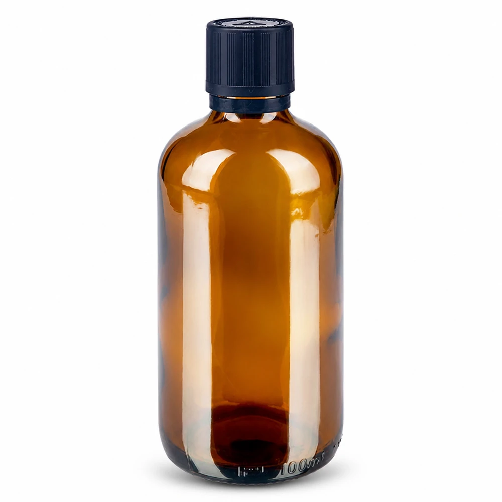 Frasco de vidrio ámbar de 100 ml con tapón cuentagotas negro y cierre de seguridad para niños, para uso farmacéutico