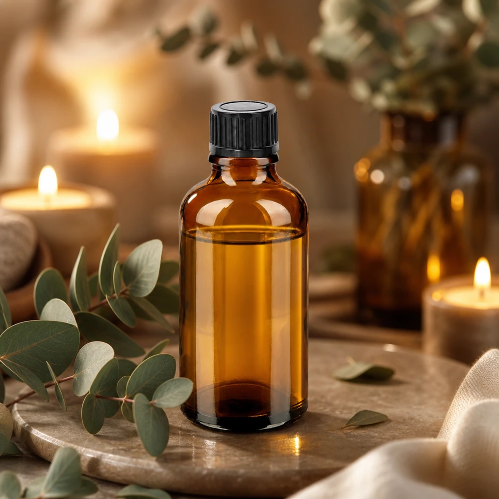 Frasco compacto de 50 ml de vidrio marrón con protección UV y tapa negra para aromaterapia