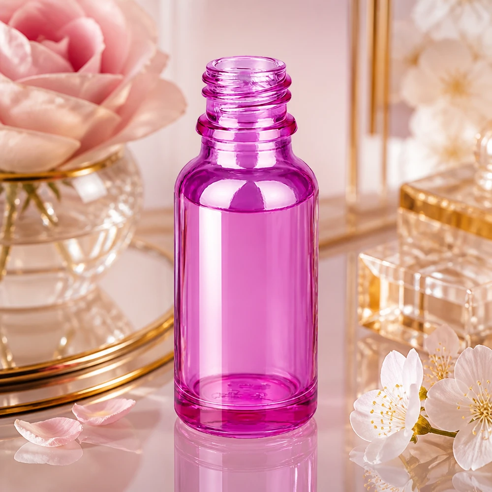 Frasco compacto de vidrio PurpleLine de 20 ml en color morado con rosca UNiTWIST UT18/20 para cosméticos y productos farmacéuticos