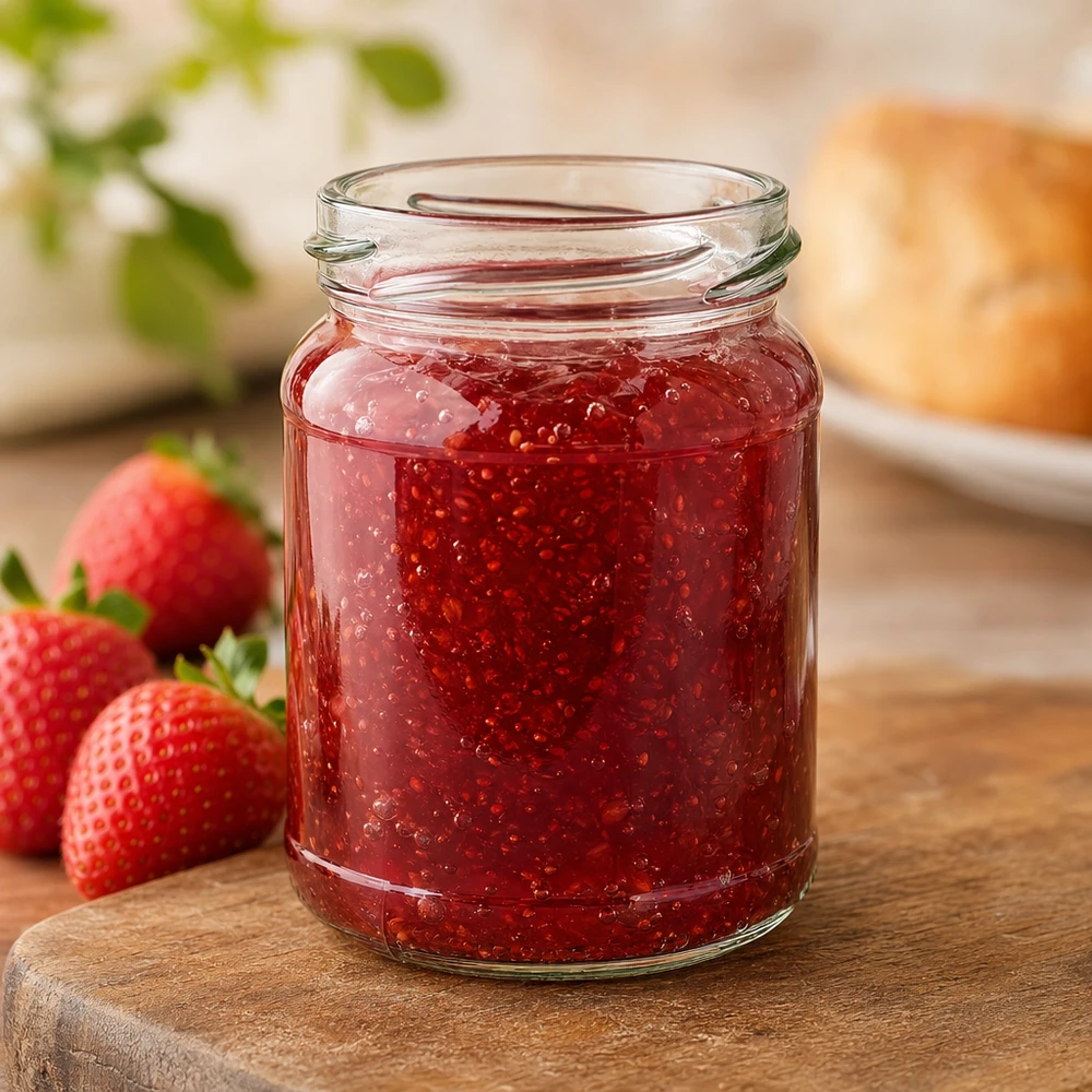 Tarro de cristal redondo de 205ml sin tapa (TO58) UNiTWIST UNiTWIST Runda205 vaso redondo 205ml TO58 lleno de mermelada de fresa roja junto a fresas frescas sobre una tabla de madera