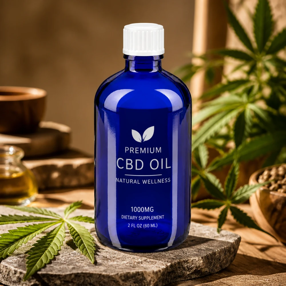 Frasco médico de cristal azul de 100 ml con tapón blanco a prueba de niños para productos de aceite de CBD
