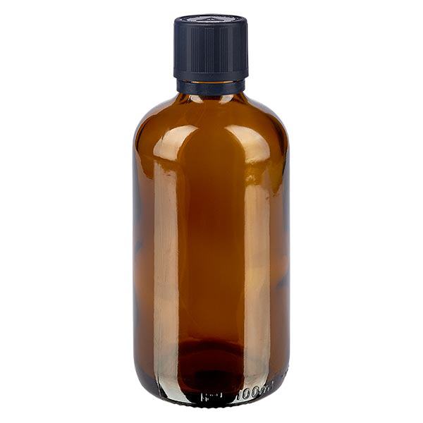 Botella de farmacia marrón 100ml tapa de goteo premium 1mm negro dispositivo de seguridad para niños símbolo de advertencia ciego cierre inviolable Botella de farmacia marrón 100ml tapa de goteo premium 1mm negro dispositivo de seguridad para niños símbolo de advertencia ciego cierre inviolable