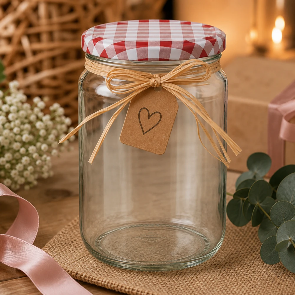 Tarro redondo 795ml con tapa BasicSeal rojo/blanco UNiTWIST Tarro redondo de 795 ml con tapa a cuadros rojos y blancos y colgante de corazón como envase de regalo con decoración romántica