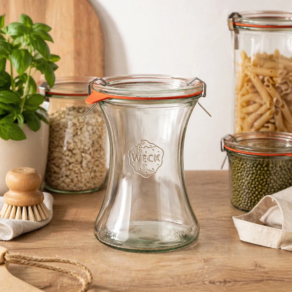 WECK delicatessen tarro 370ml RR80 en almacenamiento cocina entre tarros de conserva llenos de pasta lentejas albahaca planta