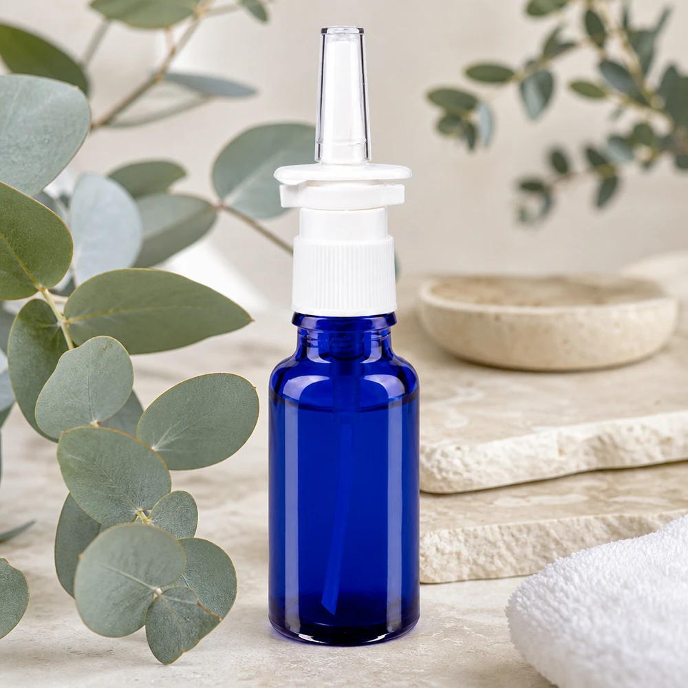 Frasco azul de 20 ml para spray nasal, de cristal de farmacia, con dosificador blanco, delante de unas ramas de eucalipto