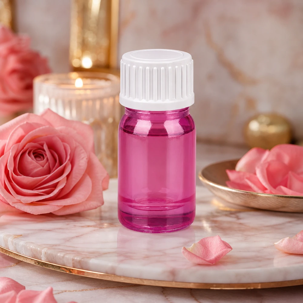 Frasco de 5 ml (glóbulo) Anillo vertedor de 3 mm blanco estándar PurpleLine UT18/5 Frasco de vidrio de 5 ml con diseño PurpleLine y tapón blanco para productos cosméticos y aceites esenciales