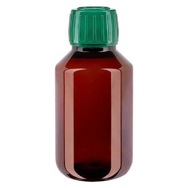Botella PET 100ml con tapón verde a prueba de manipulaciones Botella PET 100ml con tapón verde a prueba de manipulaciones