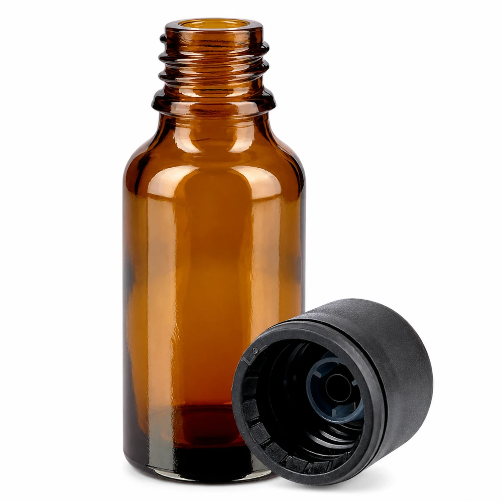 Frasco pequeño de vidrio ámbar de 20 ml con tapón de rosca para aromaterapia y cosmética natural