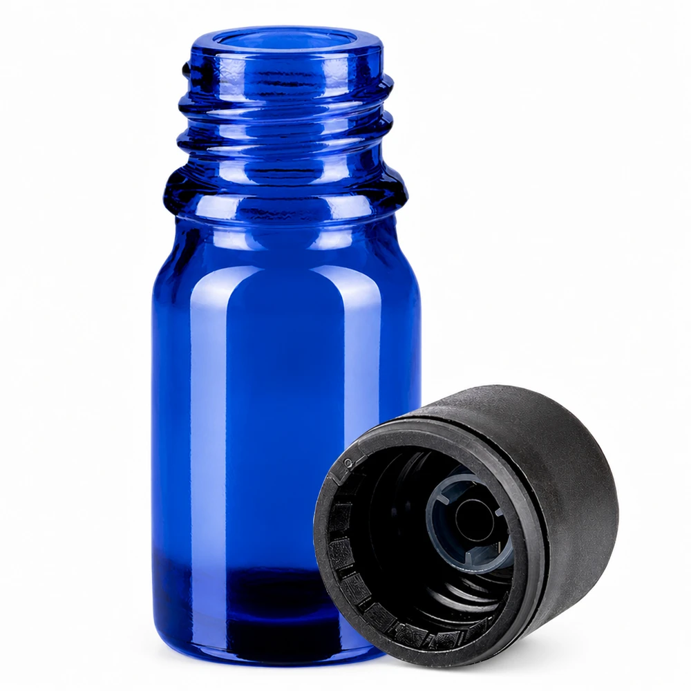 Frasco de 5 ml con tapón de rosca de 6 mm negro estándar BlueLine UT18/5 Frasco de vidrio azul de 5 ml con tapón de rosca para cosmética y farmacia profesional