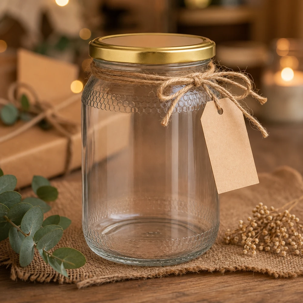 Tarro de miel de 900 ml vacío con cuerda de yute y etiqueta - presentación decorativa con tapa dorada UNiTWIST