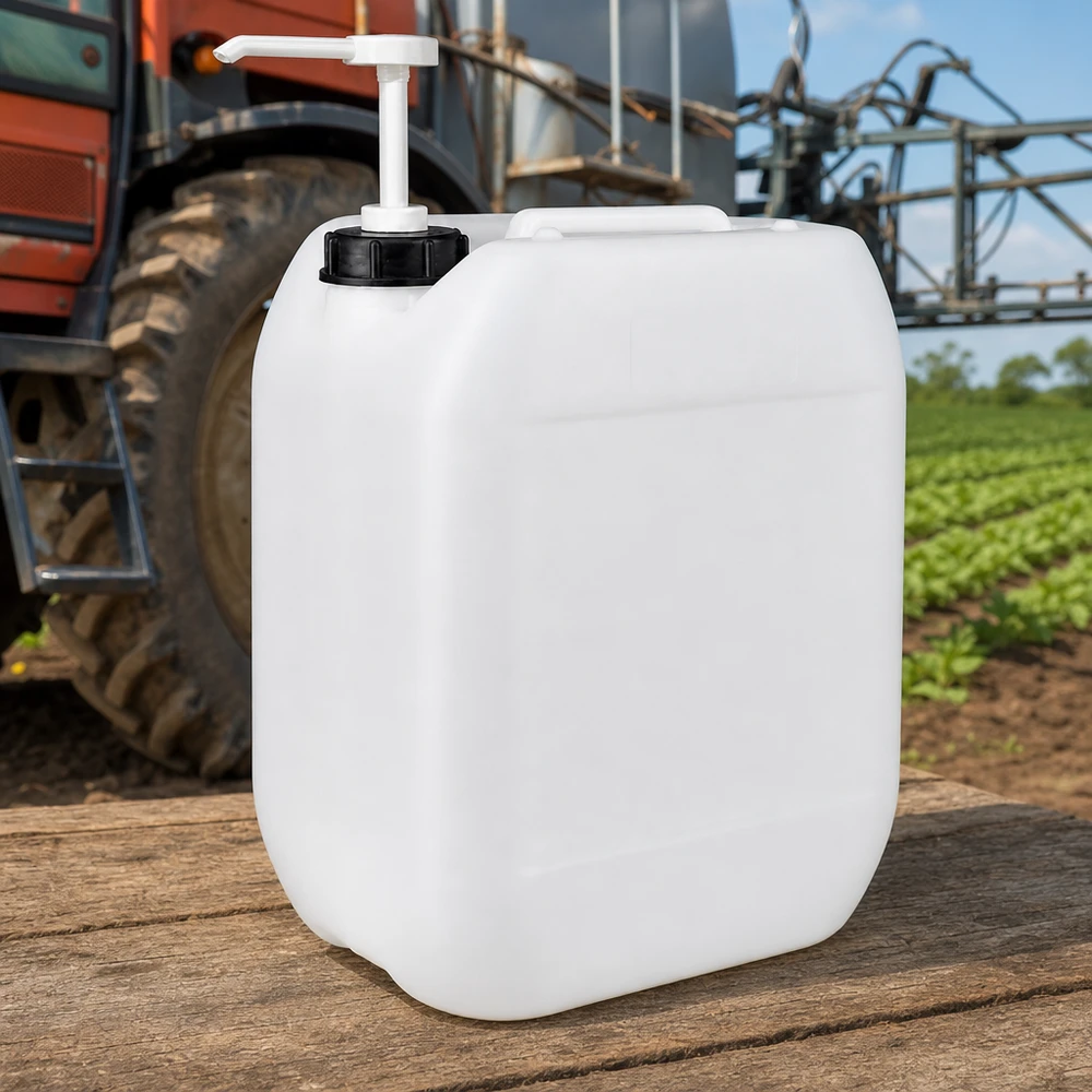 Bidón blanco de 10 litros con bomba dosificadora en aplicaciones agrícolas, acoplado a un tractor y en cultivos de campo