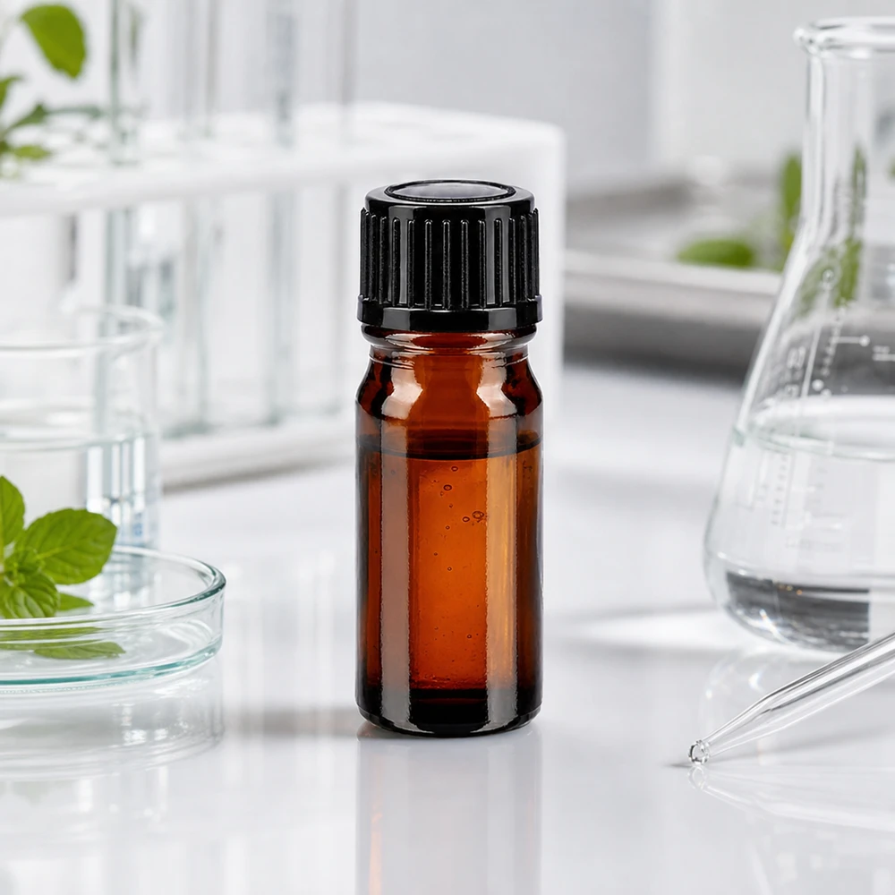 Frasco de farmacia marrón de 5 ml con tapón negro de 11 mm en un entorno de laboratorio