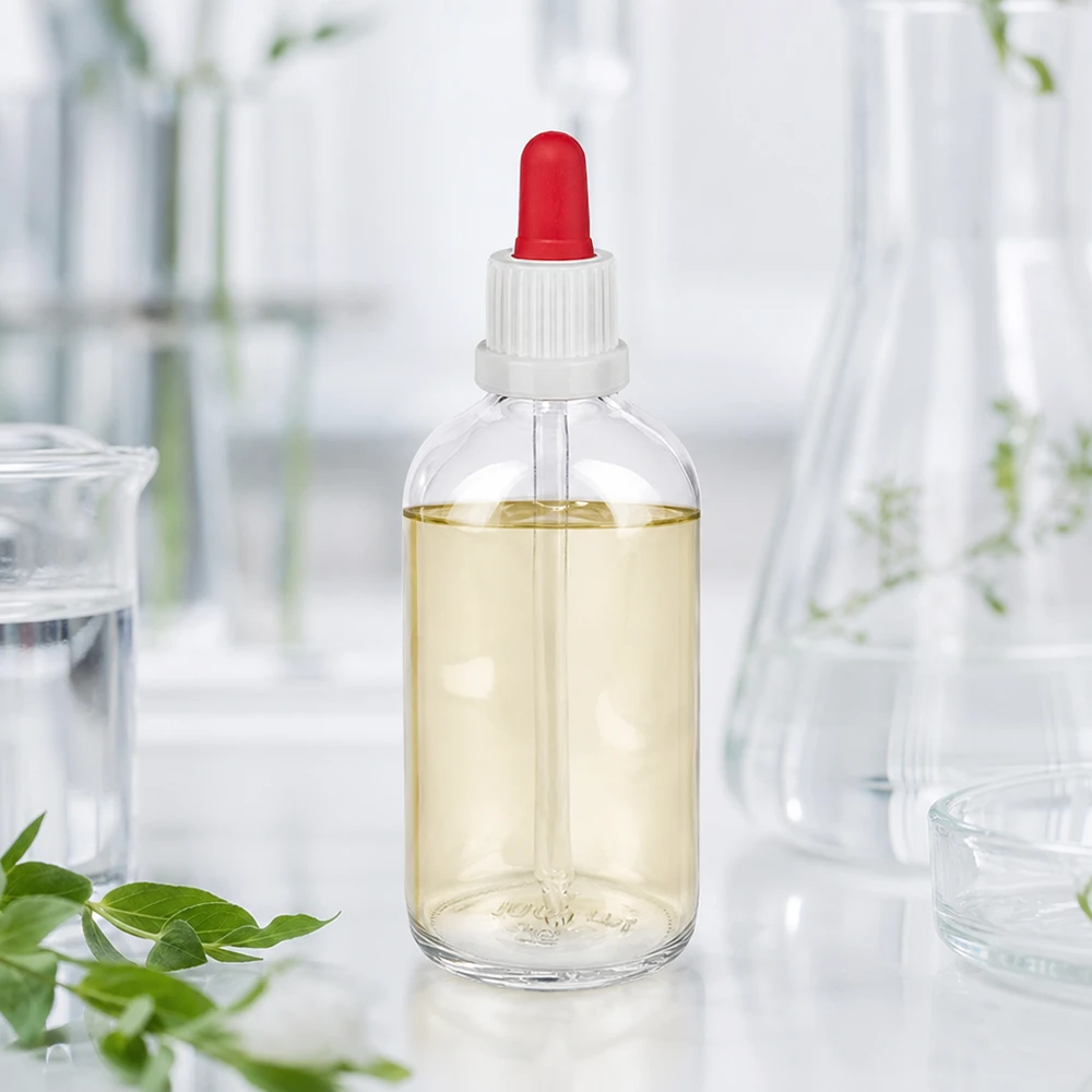 Frasco de laboratorio transparente de 100 ml con tapón de silicona rojo y cierre de pipeta blanco ClearLine