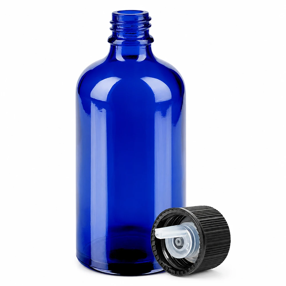 Frasco de cristal azul de 100 ml con cuentagotas de 1 mm y tapón de rosca negro para una dosificación precisa
