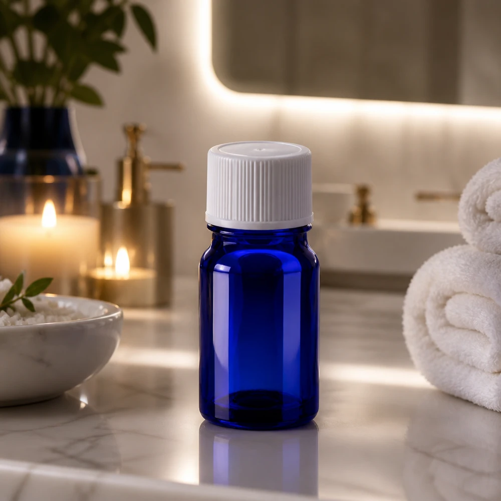 Botella de 5 ml serie BlueLine con tapón blanco STD perfecta para aplicaciones de baño y bienestar