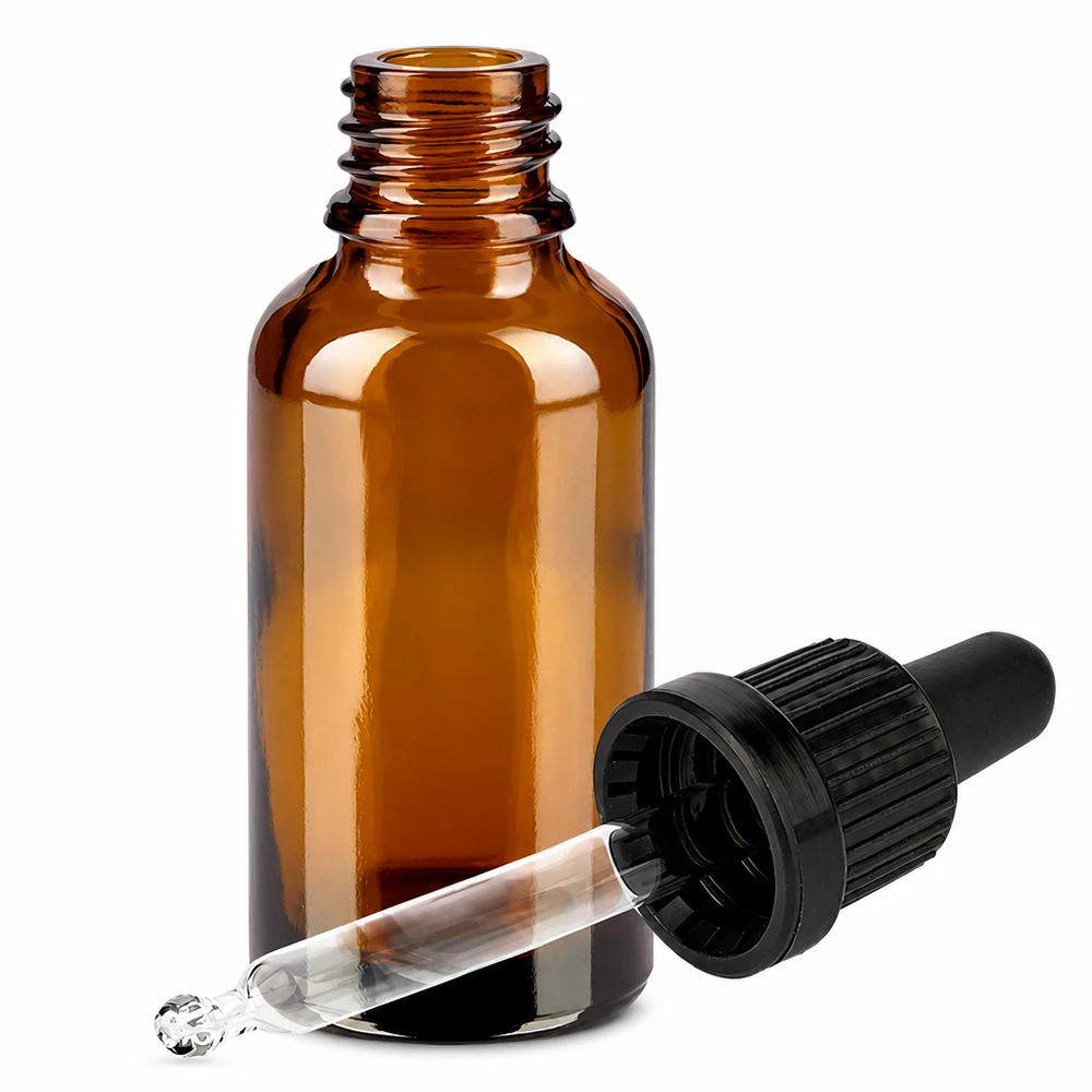 Frasco pipeta de 30 ml de vidrio ámbar con pipeta cuentagotas y rosca negra para una dosificación precisa