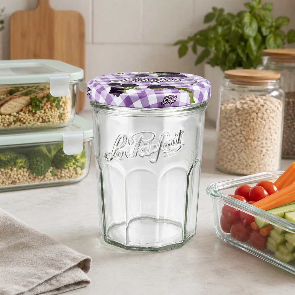 Vasos Le Parfait 385ml en una cocina moderna entre tarros de almacenaje y verduras como solución de almacenaje