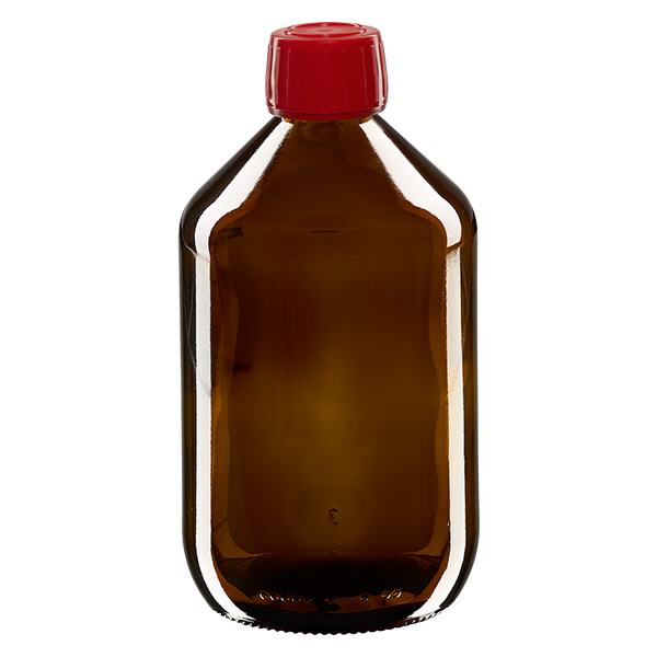 Frasco medicamento 500ml marrón, tapón rojo con precinto de seguridad ApoGlas Frasco medicamento 500ml marrón, tapón rojo con precinto de seguridad ApoGlas
