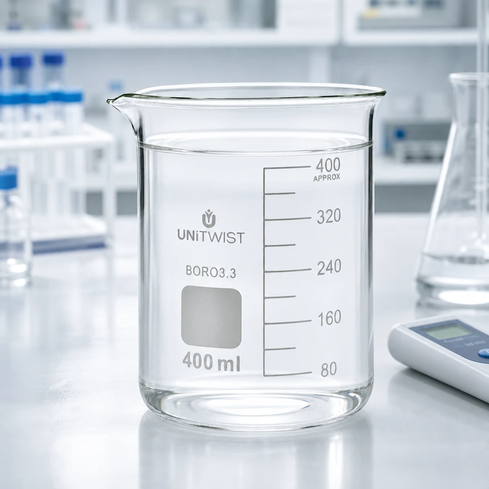 Vaso de laboratorio UNiTWIST de 400 ml, de borosilicato 3.3, con pico vertedor y superficie blanca para etiquetado