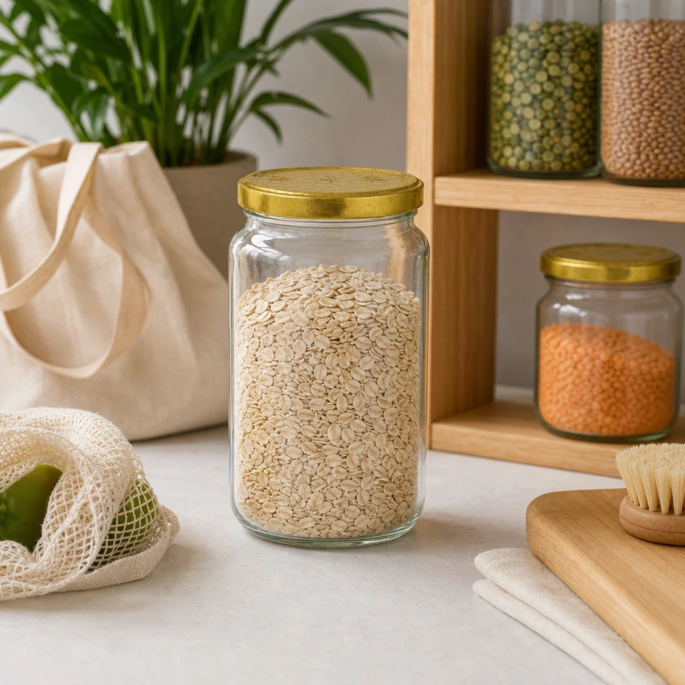 Tarro redondo de 795 ml lleno de avena en cocina sostenible de residuo cero con estante de madera y recipientes de almacenamiento