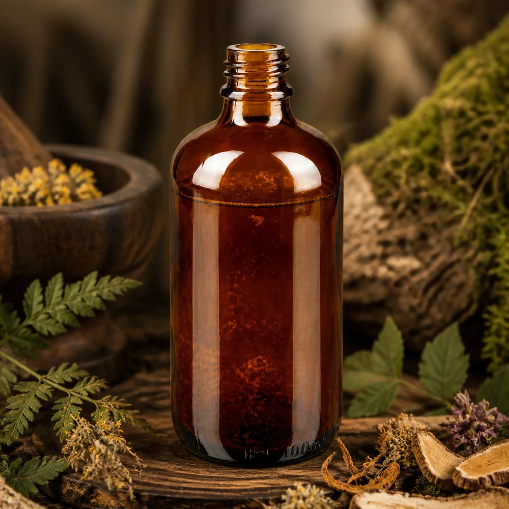 Frasco de farmacia marrón ApoGlas de 100 ml con helechos, setas y hierbas en un ambiente de farmacia natural del bosque