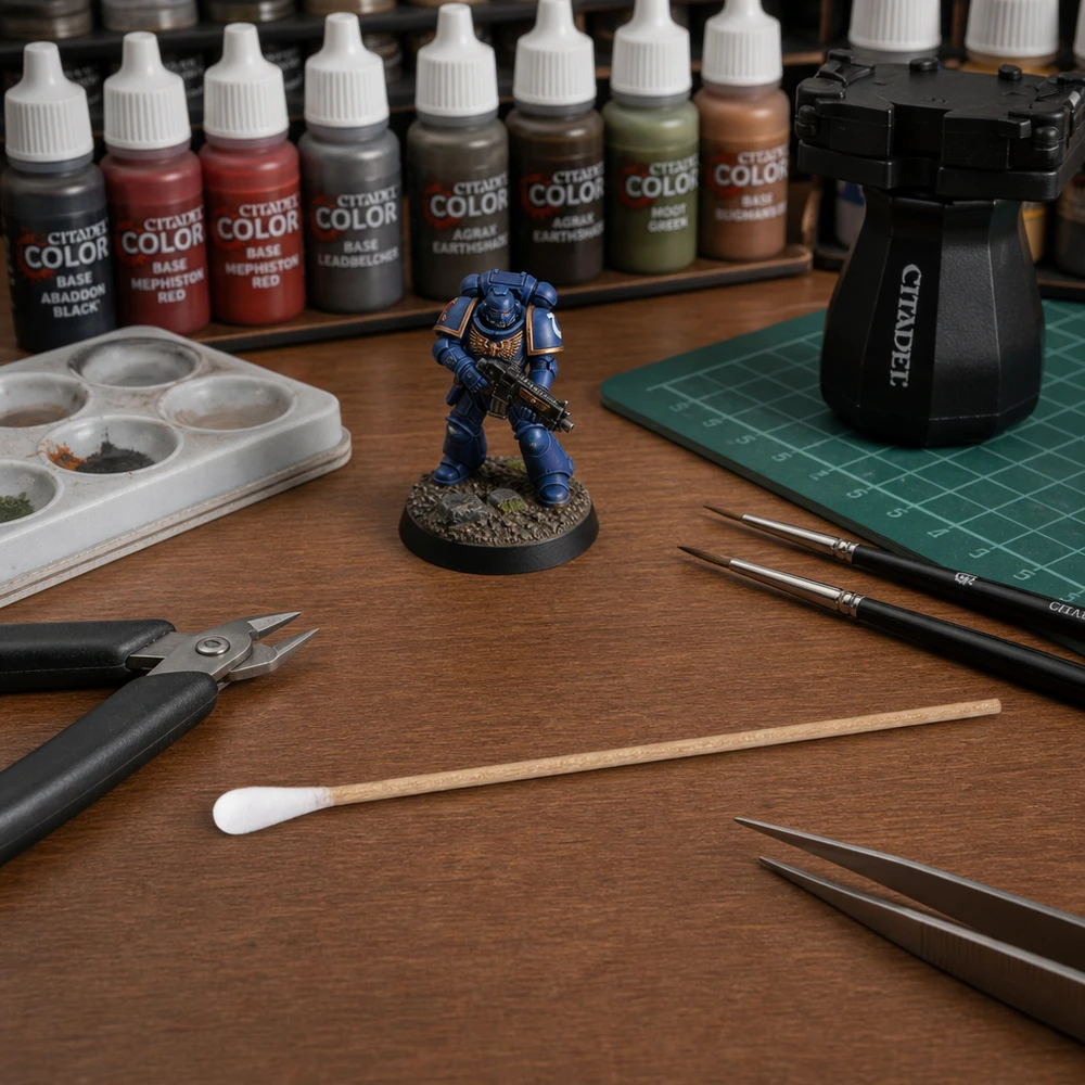 Bastoncillos de algodón no esterilizados al pintar miniaturas de los Space Marines de Warhammer 40K sobre una mesa de madera