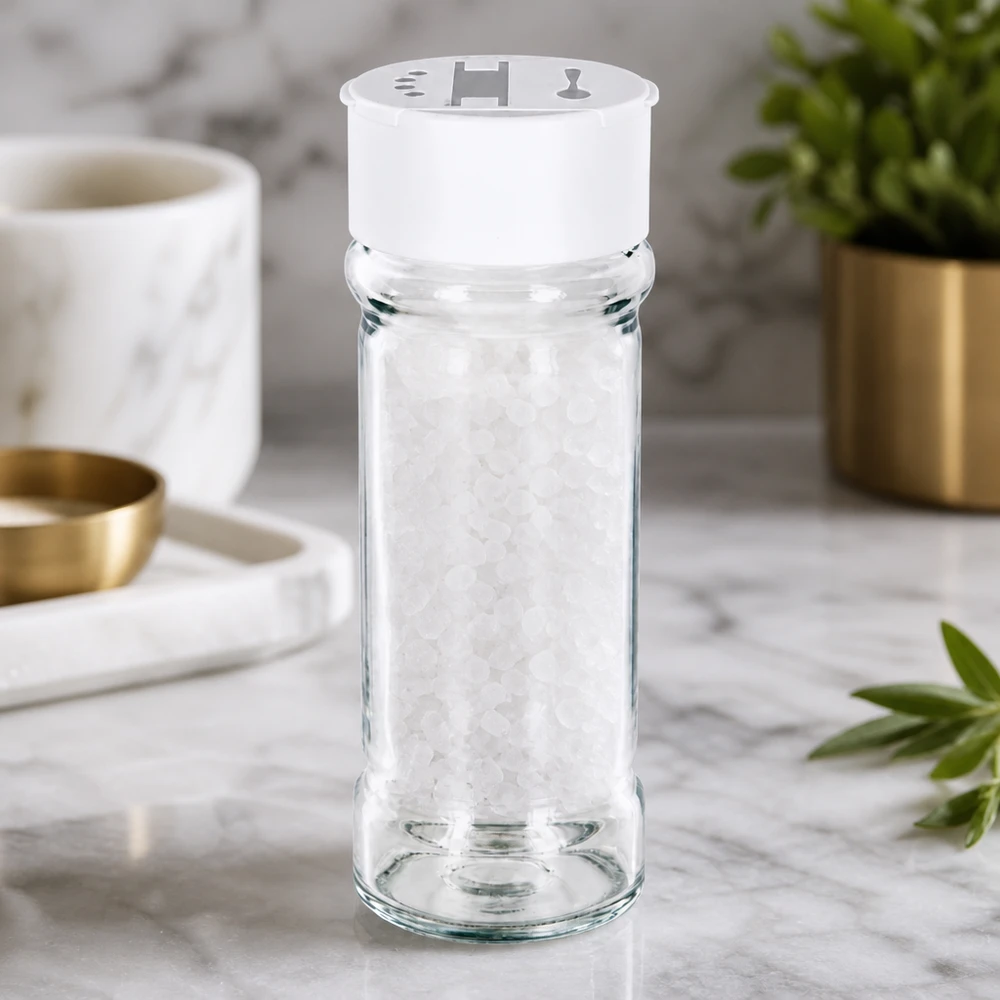 Frasco para sal y especias de 100 ml con dosificador doble, color blanco Frasco transparente para especias de 100 ml con un salero doble blanco sobre una base de mármol, lleno de sal marina gruesa