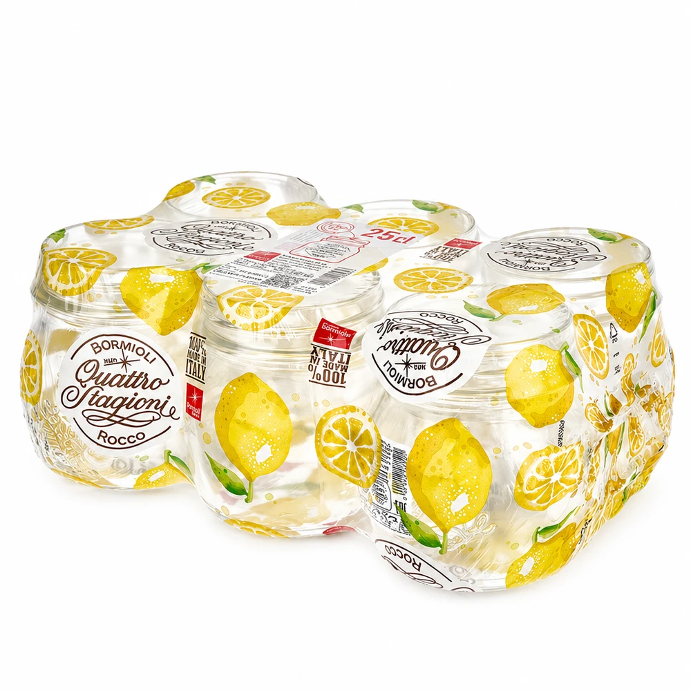 Tarro redondo "Quattro Stagioni" de 250ml con tapa Tarro redondo de 250 ml Quattro Stagioni con motivo de limón y tapa Bormioli Rocco tarro de conserva pack de 6