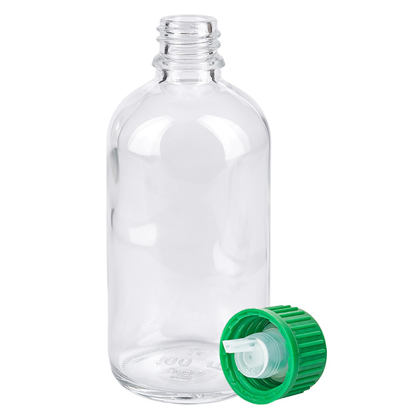 Frasco cuentagotas de 100 ml y 0,8 mm de color verde con cierre estándar ClearLine UT18/100 Frasco cuentagotas de cristal transparente ClearLine de 100 ml con tapón de seguridad para niños de color verde y boquilla cuentagotas de 0,8 mm