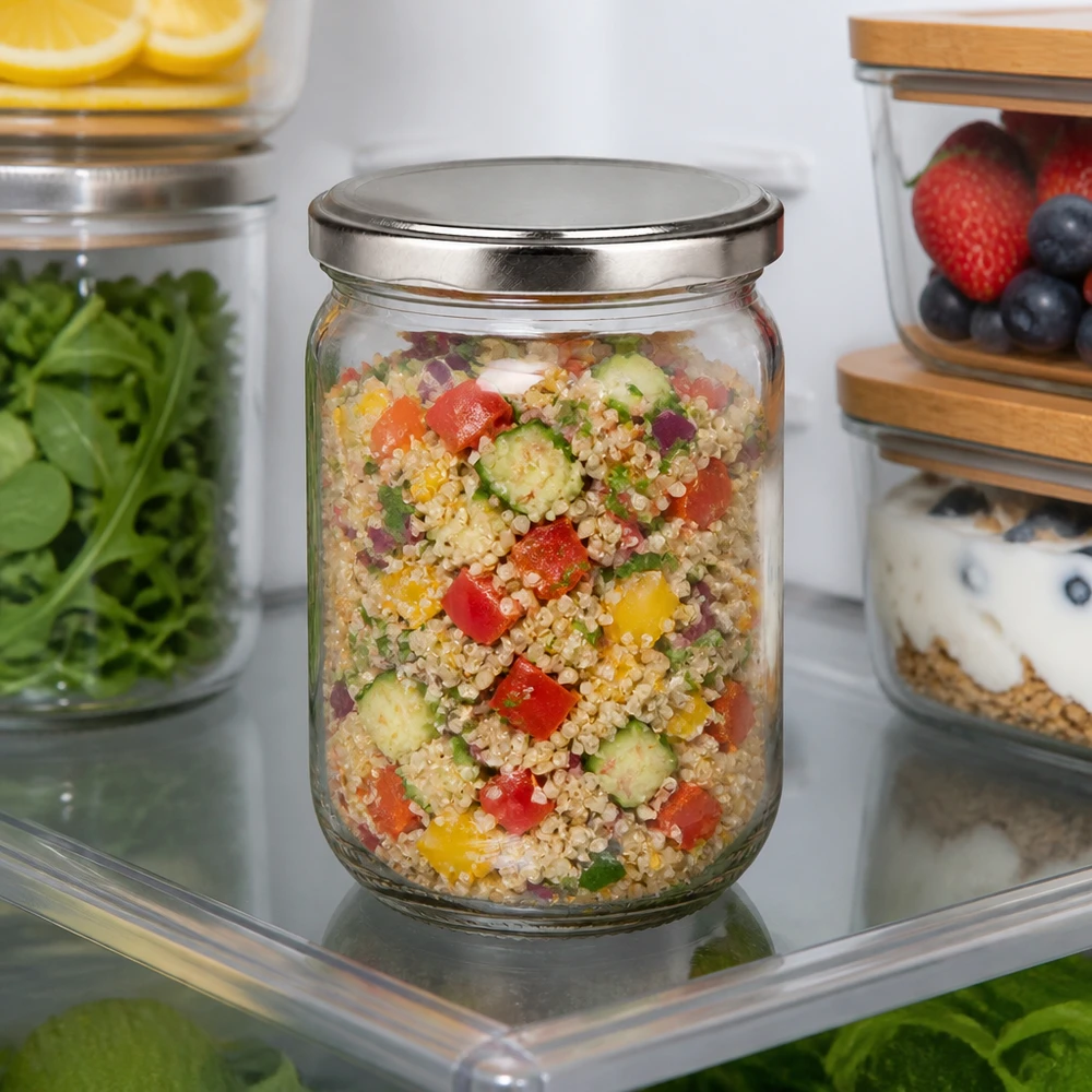 Tarro redondo de cristal de 555 ml + tapa BasicSeal plateada UNiTWIST Tarro redondo de cristal de 555 ml con tapa BasicSeal plateada, lleno de ensalada de quinoa de colores, guardado en la nevera