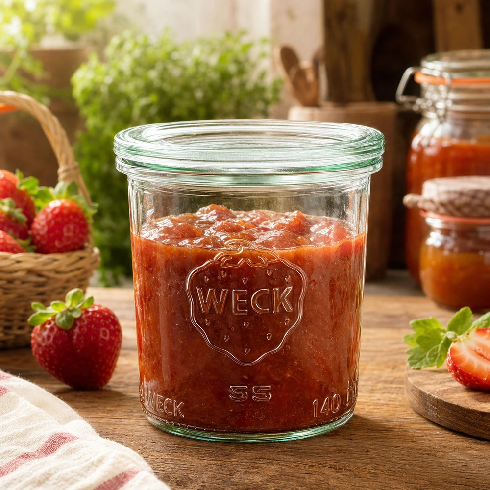 WECK Tarro de cristal de 140 ml con tapa de cristal RR60 | Calidad superior Tarro de conserva WECK 140ml RR60 lleno de mermelada de fresa sobre mesa de madera con decoración de fresas frescas