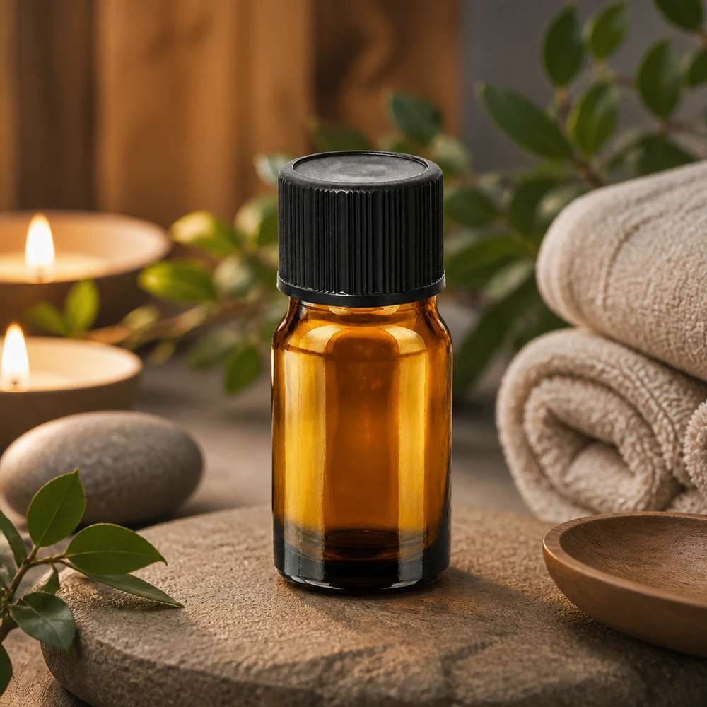 Pequeño frasco de vidrio ámbar de 5 ml con tapón negro ideal para aromaterapia y bienestar