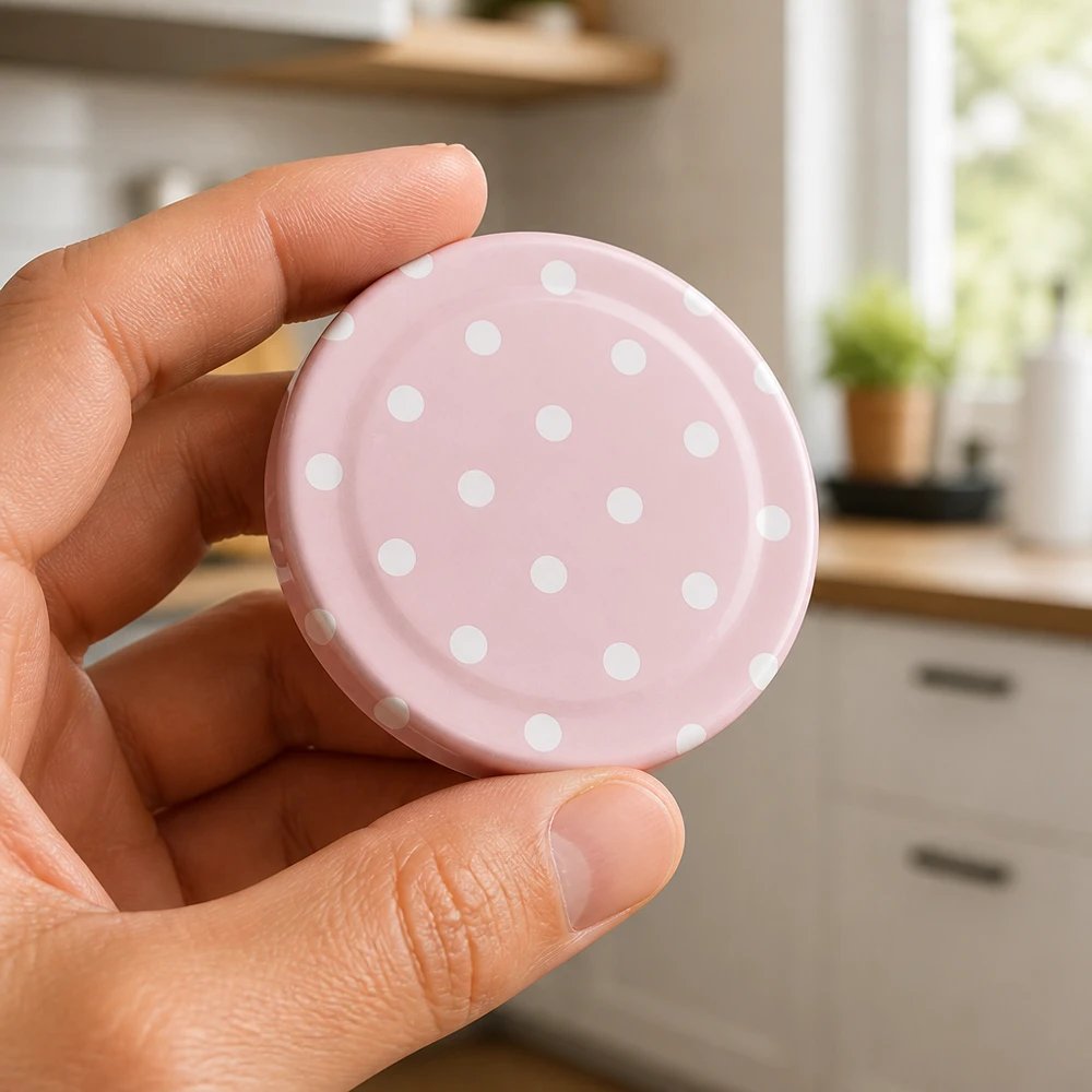 Tapa BasicSeal de 58 mm, puntos rosa mate (TO58) UNiTWIST Tapa BasicSeal de 58 mm, rosa mate con lunares blancos, en la cocina (foto tomada con el móvil)