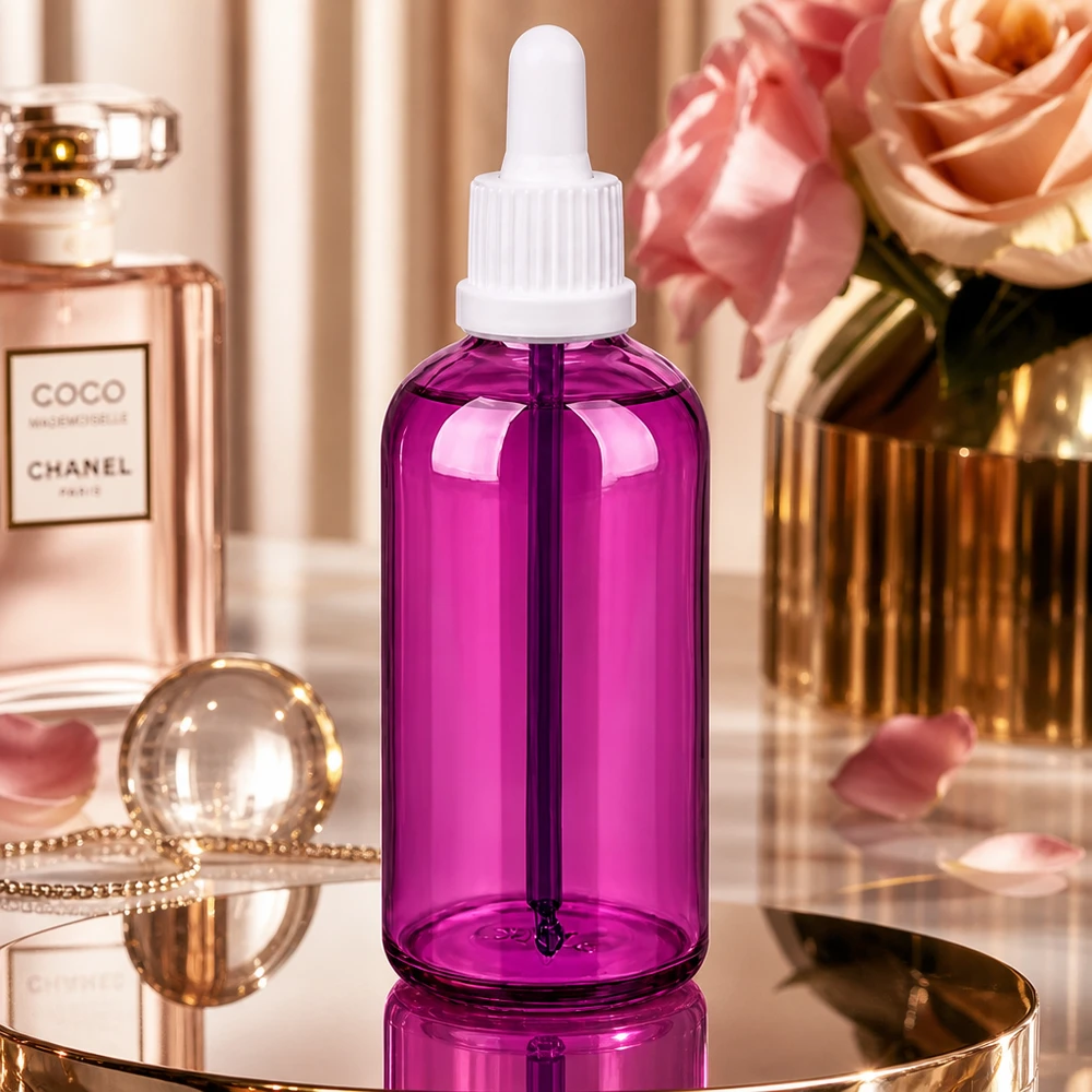100ml botella pipeta blanco Originalidad tapón de rosca PurpleLine UT18/100 Frasco pipeta PurpleLine 100ml en violeta con gotero blanco para aromaterapia y cuidado de la piel