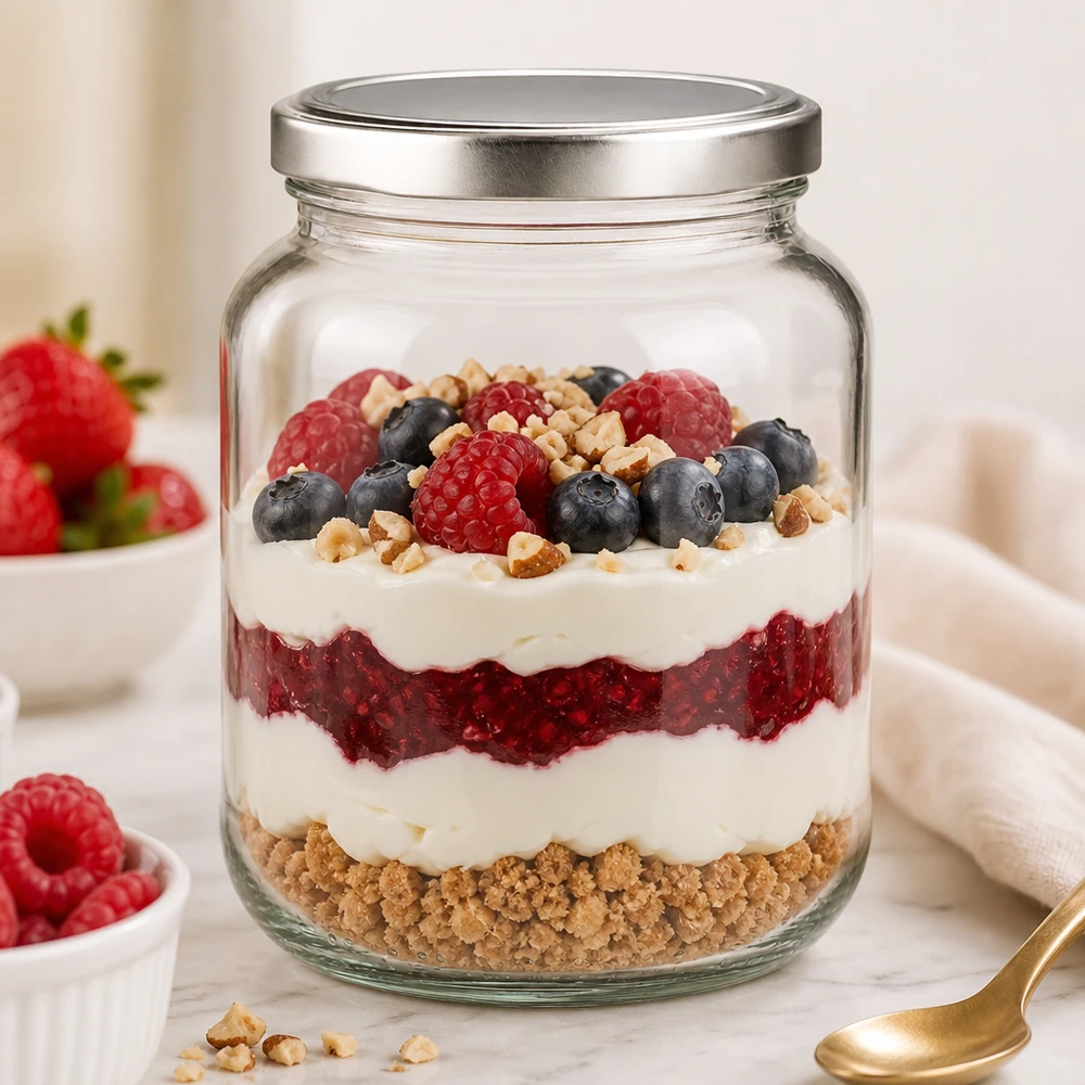 Tarro ovalado de 370ml con tapa BasicSeal plata UNiTWIST 370ml Ovalglas BasicSeal als stylischer Dessertbehälter für geschichtetes Beerentrifle mit Joghurt und Nüssen