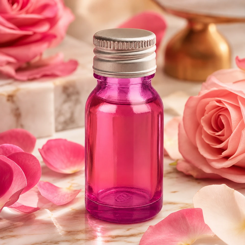 Pequeño frasco de vidrio violeta de 10 ml con tapón de rosca plateado ideal para cosméticos y perfumes