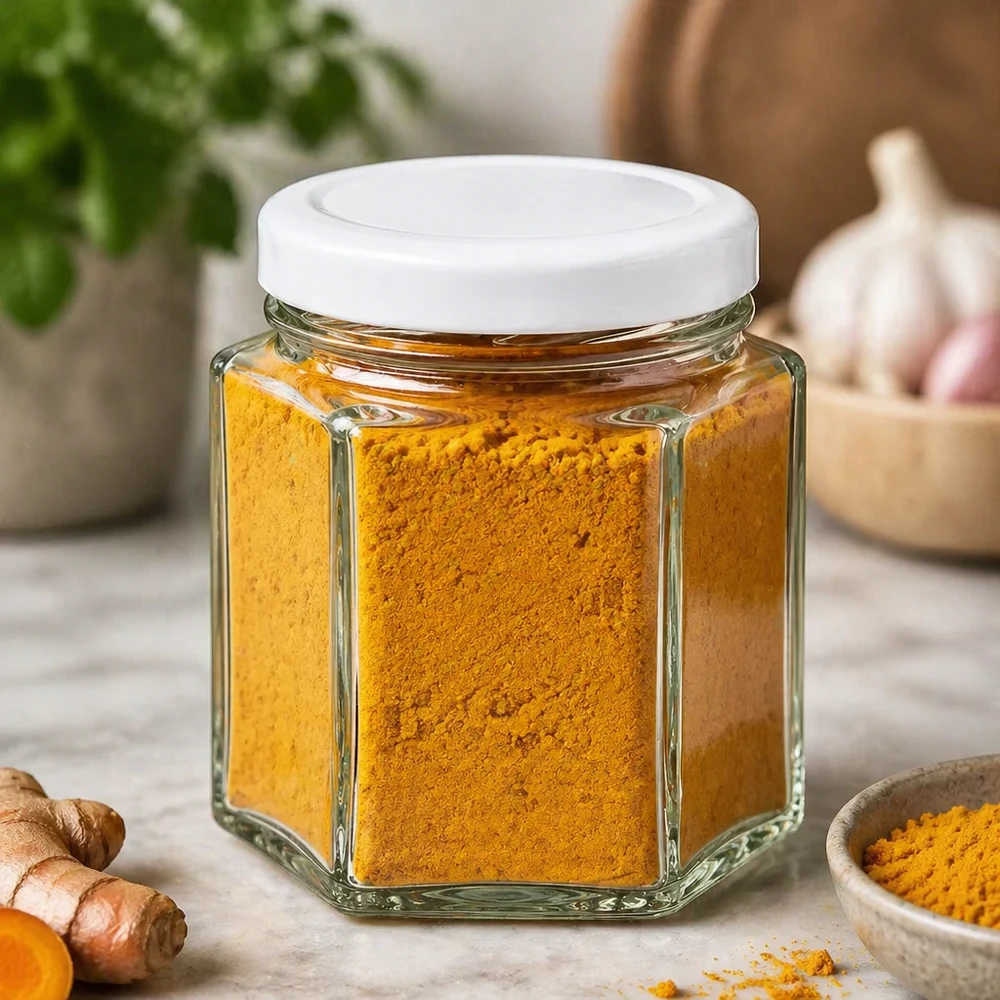 Tarro hexa 47ml con tapa BasicSeal blanco UNiTWIST Tarro de cristal hexagonal de 47 ml con tapa blanca relleno de polvo de cúrcuma en ambiente de cocina natural con jengibre
