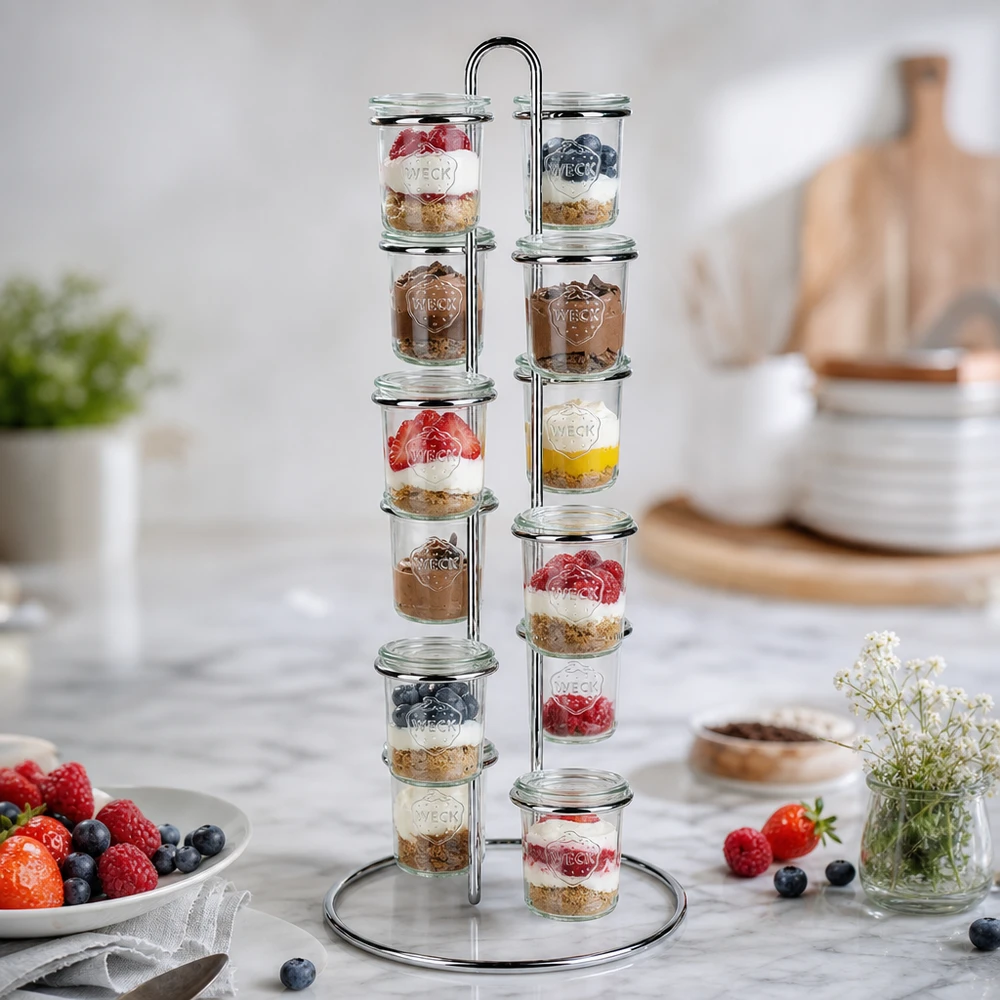 Soporte Vertico12 para 12 vasos WECK Presentación de postres con la rejilla para servir WECK Vertico12 muestra 12 tarros de yogur, bayas y granola en la encimera de la cocina.