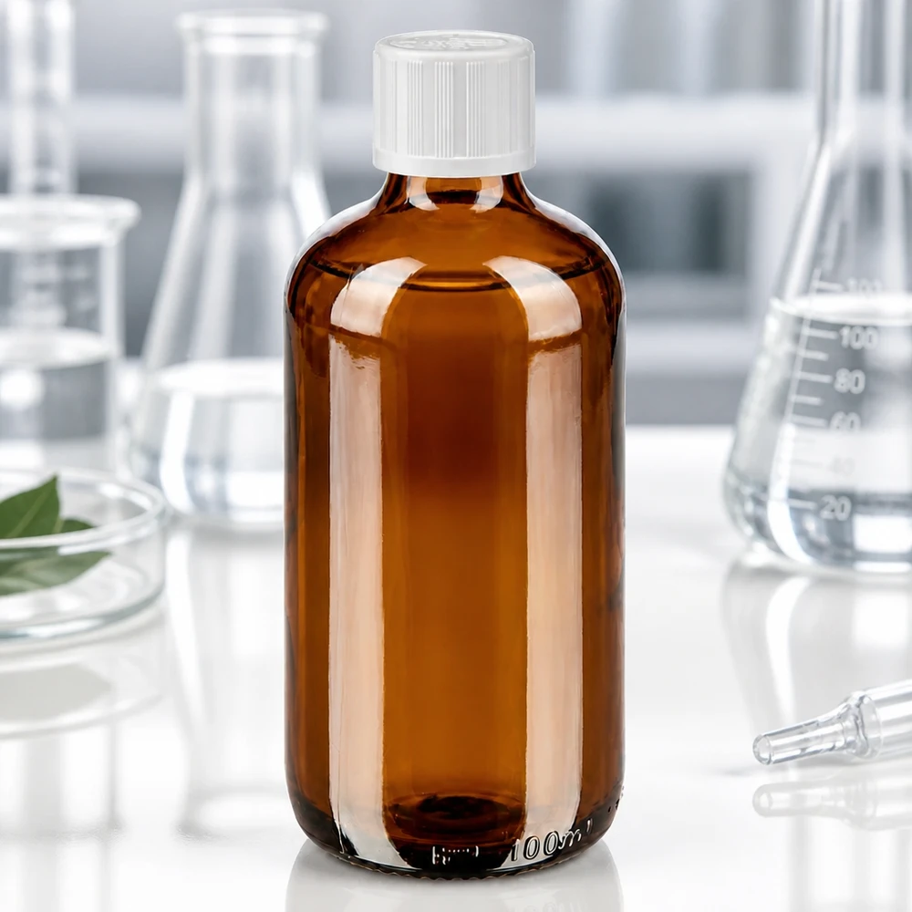 Frasco de vidrio ámbar de 100 ml con tapón de seguridad para niños de color blanco y gotero, para uso en laboratorio