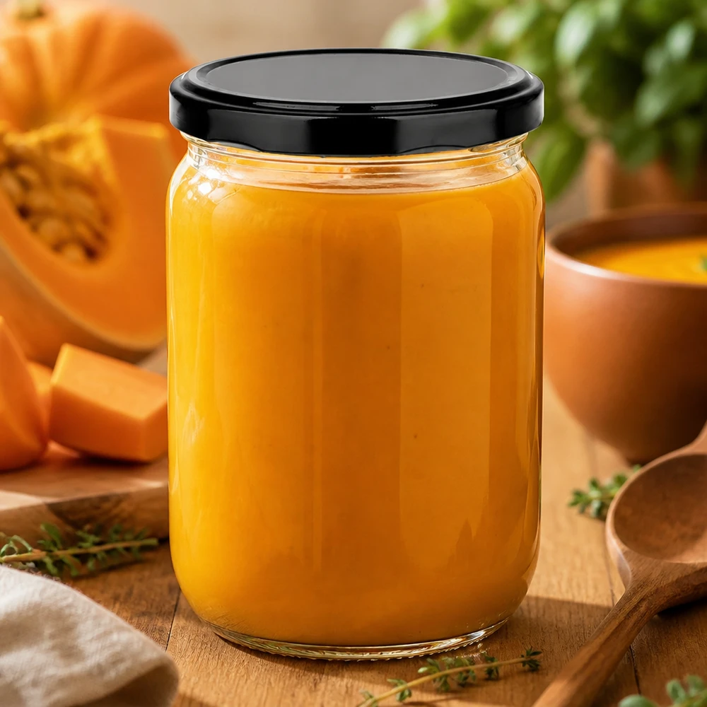 Tarro redondo de cristal de 555 ml + tapa BasicSeal negra UNiTWIST Vaso redondo UniTwist de 555 ml con tapa BasicSeal negra, lleno de cremosa sopa de calabaza