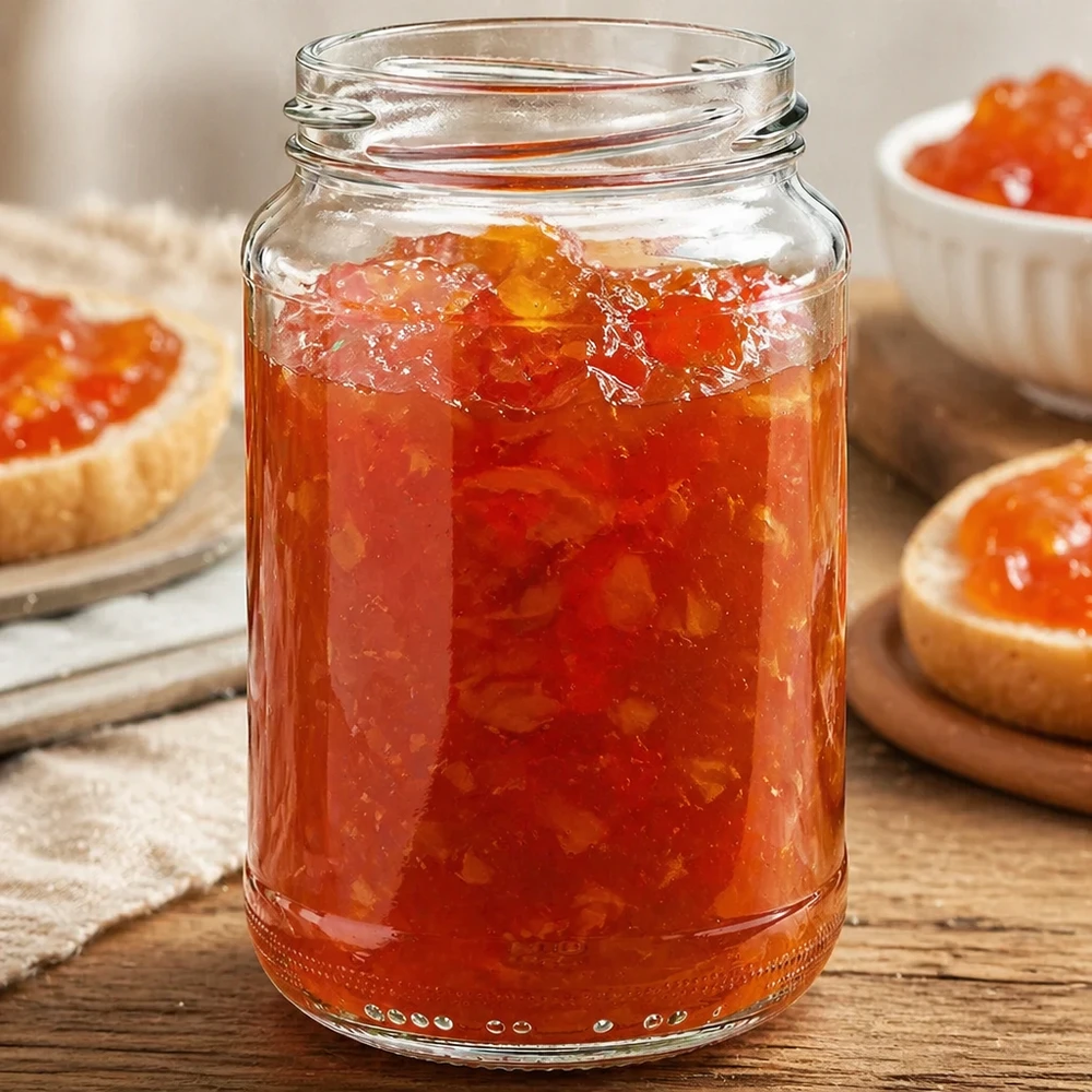 Tarro redondo de 375ml sin tapa (TO63) UNiTWIST UNiTWIST Runda375 Rundglas 375ml gefüllt mit hausgemachter Orangenmarmelade auf Holztisch neben Marmeladenbrot